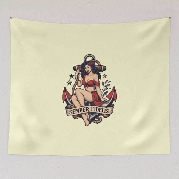 Item preview, Traditional Old School Pin-Up Girl on Anchor "Semper Fidelis" Tattoo Flash Art designed and sold by 89BLACK.