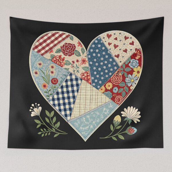 Item preview, A patchwork-style heart made of different floral fabric patterns designed and sold by GogoGrove.