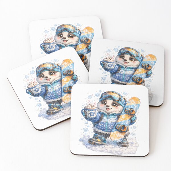 Item preview, Saalbach Snowboard Badger – Kawaii Winter Sports Animal with Hot Chocolate Art designed and sold by Paws-nd-Prints.