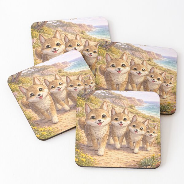 Item preview, Torrey Pines Coyote Crew – Kawaii California Coastal Wildlife Art designed and sold by Paws-nd-Prints.