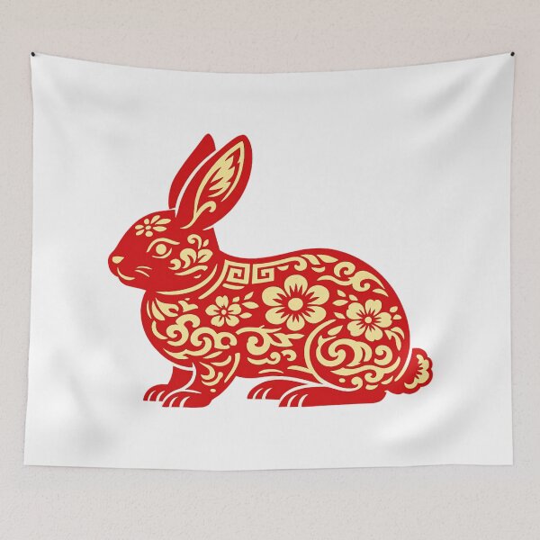 Item preview, Lunar New Year Rabbit Zodiac Papercut Art, Red Gold Chinese New Year Rabbit Illustration, Year of the Rabbit Design designed and sold by Vendeloc.