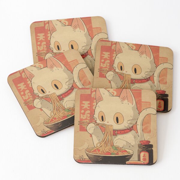 Item preview, Aesthetic Kawaii Cat Eating Ramen - Vintage Japanese Ukiyo-e Style Poster designed and sold by Mangartist07.