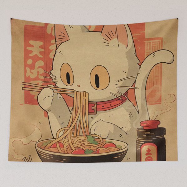 Item preview, Aesthetic Kawaii Cat Eating Ramen - Vintage Japanese Ukiyo-e Style Poster designed and sold by Mangartist07.