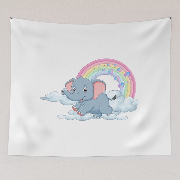 Item preview, Playful Elephant - Cute Blue Elephant Floating on Clouds with Rainbow designed and sold by Love3Happy.
