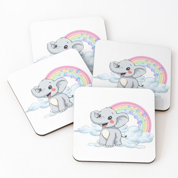 Item preview, Waving Baby Elephant - Cute Gray Elephant on Clouds with Pastel Rainbow designed and sold by Love3Happy.