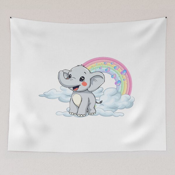 Item preview, Waving Baby Elephant - Cute Gray Elephant on Clouds with Pastel Rainbow designed and sold by Love3Happy.