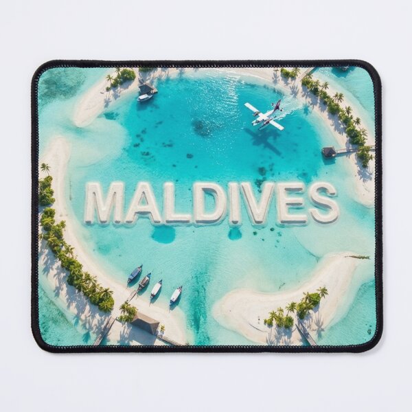 Item preview, Idyllic Aerial Maldives Resort with MALDIVES Sand Text & Seaplane designed and sold by MyEz Style.
