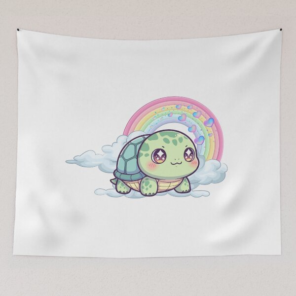 Item preview, Cheerful Turtle - Cute Teal Turtle on a Cloud with Rainbow and Hearts designed and sold by Love3Happy.