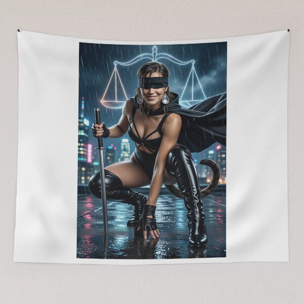 Item preview, Blindfolded warrior holds sword over city rain designed and sold by CathryneDelamort.