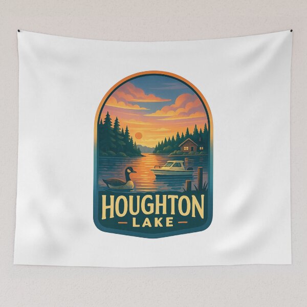 Item preview, Houghton Lake Michigan Sunset with Cabin and Boat designed and sold by Aryabek.