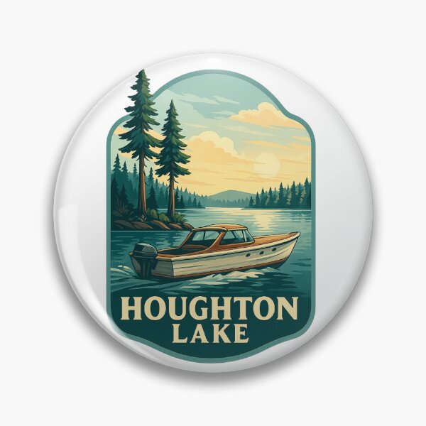Item preview, Houghton Lake Michigan with Pine Trees and Wooden Boat designed and sold by Aryabek.