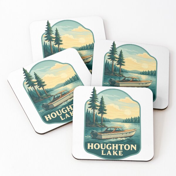 Item preview, Houghton Lake Michigan with Pine Trees and Wooden Boat designed and sold by Aryabek.