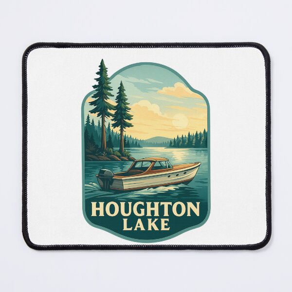 Item preview, Houghton Lake Michigan with Pine Trees and Wooden Boat designed and sold by Aryabek.