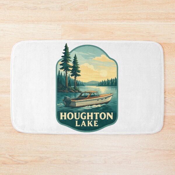 Item preview, Houghton Lake Michigan with Pine Trees and Wooden Boat designed and sold by Aryabek.