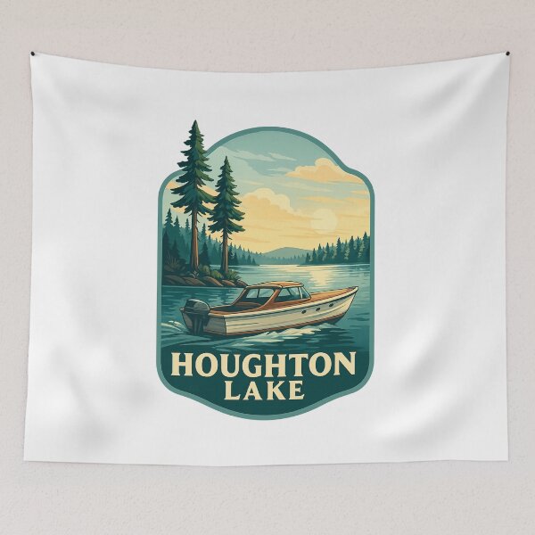 Item preview, Houghton Lake Michigan with Pine Trees and Wooden Boat designed and sold by Aryabek.
