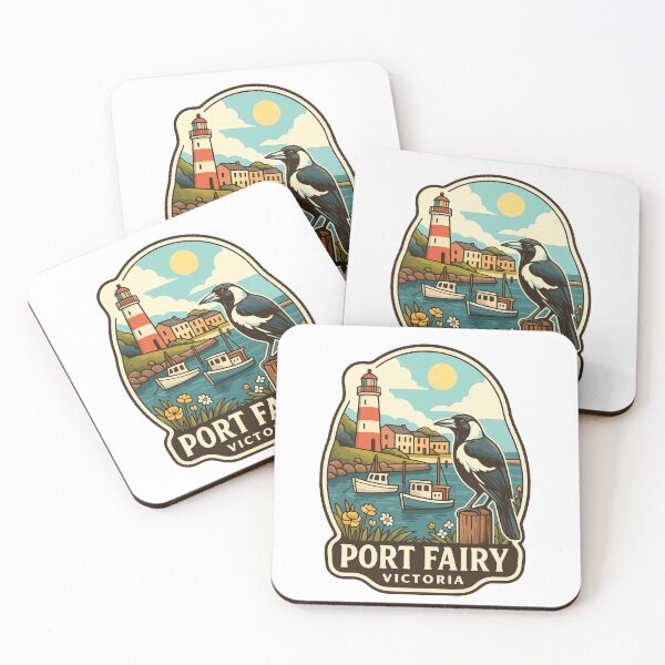 Item preview, Port Fairy Victoria Seaside Village with Magpie and Boats designed and sold by Aryabek.