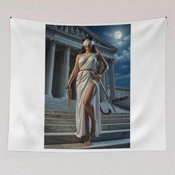 Item preview, Blindfolded Horned Justice at Moonlit Courthouse designed and sold by CathryneDelamort.