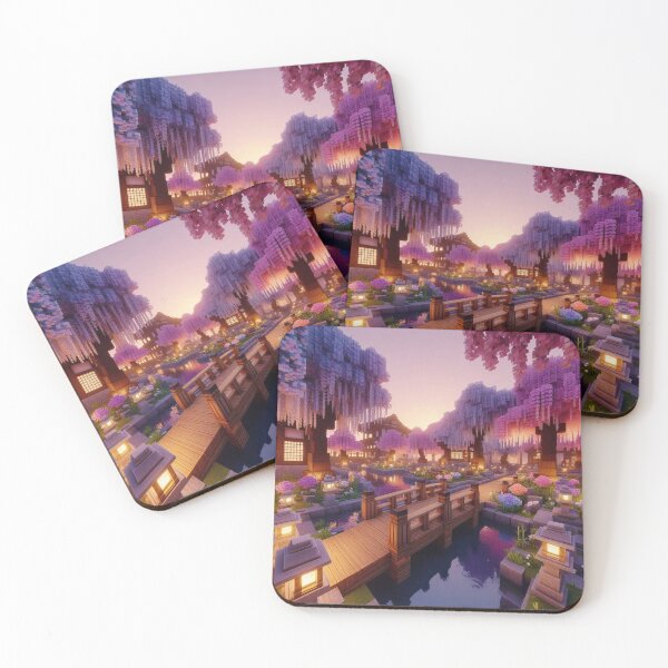 Item preview, Minecraft world, Japanese garden, cherry blossom trees, Japan, gaming, blue sky, pixel art, blocky digital landscape designed and sold by Sugar Wisdom .