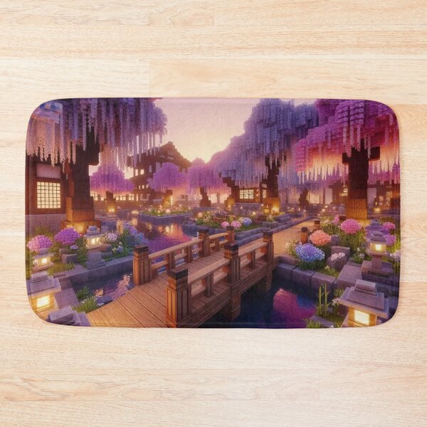 Item preview, Minecraft world, Japanese garden, cherry blossom trees, Japan, gaming, blue sky, pixel art, blocky digital landscape designed and sold by Sugar Wisdom .