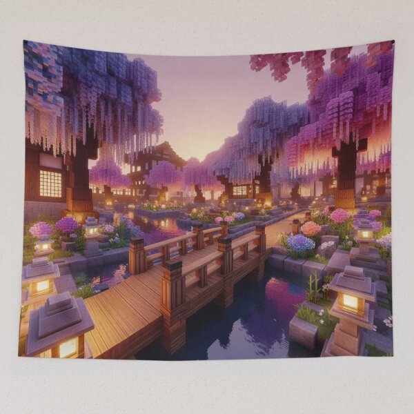 Item preview, Minecraft world, Japanese garden, cherry blossom trees, Japan, gaming, blue sky, pixel art, blocky digital landscape designed and sold by Sugar Wisdom .