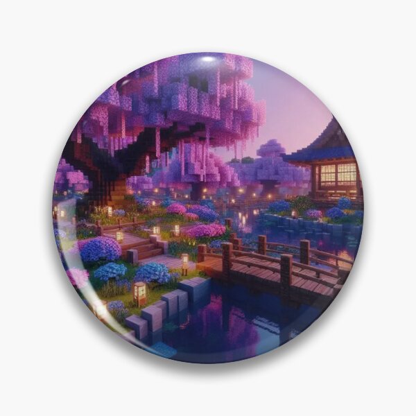 Item preview, Minecraft world, Japanese garden, cherry blossom trees, Japan, gaming, blue sky, pixel art, blocky digital landscape designed and sold by Sugar Wisdom .