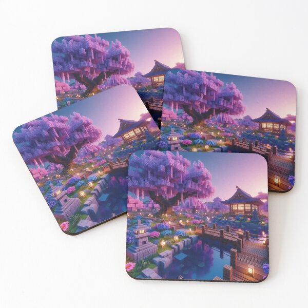 Item preview, Minecraft world, Japanese garden, cherry blossom trees, Japan, gaming, blue sky, pixel art, blocky digital landscape designed and sold by Sugar Wisdom .