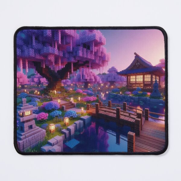 Item preview, Minecraft world, Japanese garden, cherry blossom trees, Japan, gaming, blue sky, pixel art, blocky digital landscape designed and sold by Sugar Wisdom .