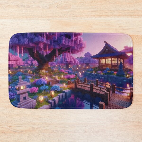 Item preview, Minecraft world, Japanese garden, cherry blossom trees, Japan, gaming, blue sky, pixel art, blocky digital landscape designed and sold by Sugar Wisdom .