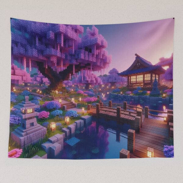 Item preview, Minecraft world, Japanese garden, cherry blossom trees, Japan, gaming, blue sky, pixel art, blocky digital landscape designed and sold by Sugar Wisdom .