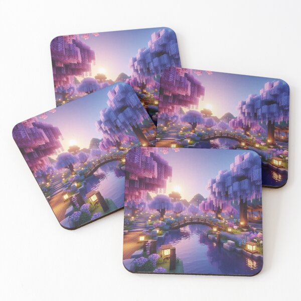 Item preview, Minecraft world, Japanese garden, cherry blossom trees, Japan, gaming, blue sky, pixel art, blocky digital landscape designed and sold by Sugar Wisdom .