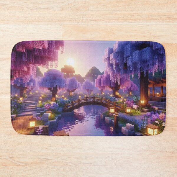 Item preview, Minecraft world, Japanese garden, cherry blossom trees, Japan, gaming, blue sky, pixel art, blocky digital landscape designed and sold by Sugar Wisdom .