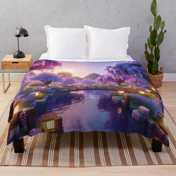 Item preview, Minecraft world, Japanese garden, cherry blossom trees, Japan, gaming, blue sky, pixel art, blocky digital landscape designed and sold by Sugar Wisdom .