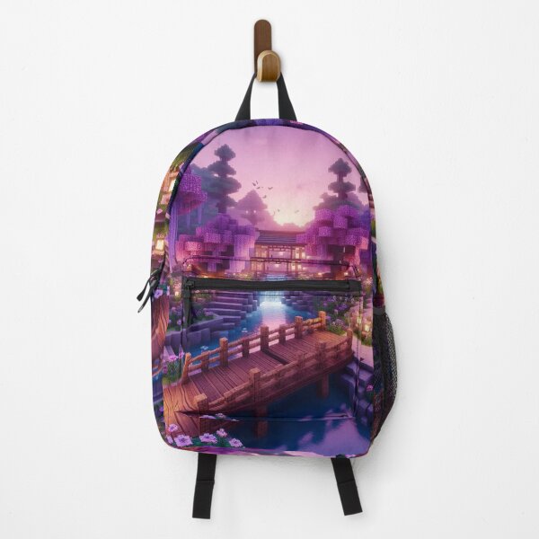 Item preview, Minecraft world, Japanese garden, cherry blossom trees, Japan, gaming, blue sky, pixel art, blocky digital landscape designed and sold by Sugar Wisdom .