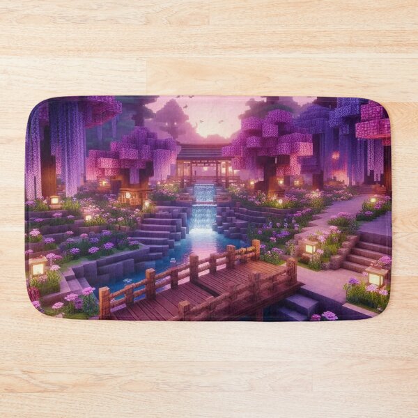 Item preview, Minecraft world, Japanese garden, cherry blossom trees, Japan, gaming, blue sky, pixel art, blocky digital landscape designed and sold by Sugar Wisdom .