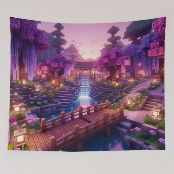 Item preview, Minecraft world, Japanese garden, cherry blossom trees, Japan, gaming, blue sky, pixel art, blocky digital landscape designed and sold by Sugar Wisdom .