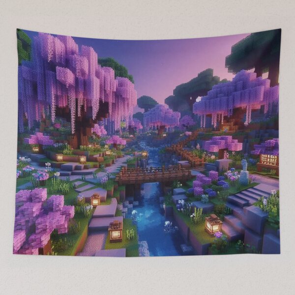 Item preview, Minecraft world, Japanese garden, cherry blossom trees, Japan, gaming, blue sky, pixel art, blocky digital landscape designed and sold by Sugar Wisdom .