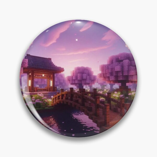 Item preview, Minecraft world, Japanese garden, cherry blossom trees, Japan, gaming, blue sky, pixel art, blocky digital landscape designed and sold by Sugar Wisdom .