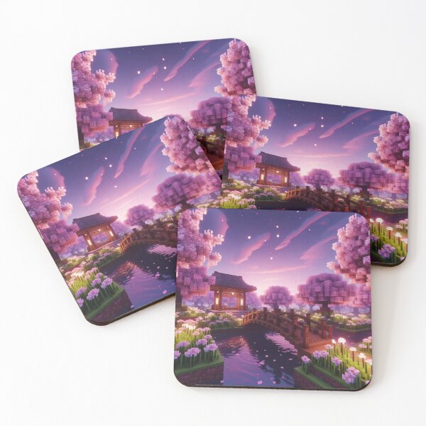 Item preview, Minecraft world, Japanese garden, cherry blossom trees, Japan, gaming, blue sky, pixel art, blocky digital landscape designed and sold by Sugar Wisdom .