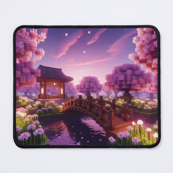 Item preview, Minecraft world, Japanese garden, cherry blossom trees, Japan, gaming, blue sky, pixel art, blocky digital landscape designed and sold by Sugar Wisdom .