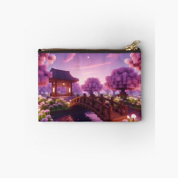 Item preview, Minecraft world, Japanese garden, cherry blossom trees, Japan, gaming, blue sky, pixel art, blocky digital landscape designed and sold by Sugar Wisdom .