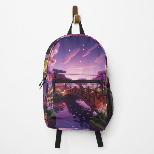 Item preview, Minecraft world, Japanese garden, cherry blossom trees, Japan, gaming, blue sky, pixel art, blocky digital landscape designed and sold by Sugar Wisdom .