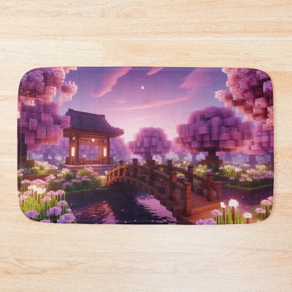 Item preview, Minecraft world, Japanese garden, cherry blossom trees, Japan, gaming, blue sky, pixel art, blocky digital landscape designed and sold by Sugar Wisdom .