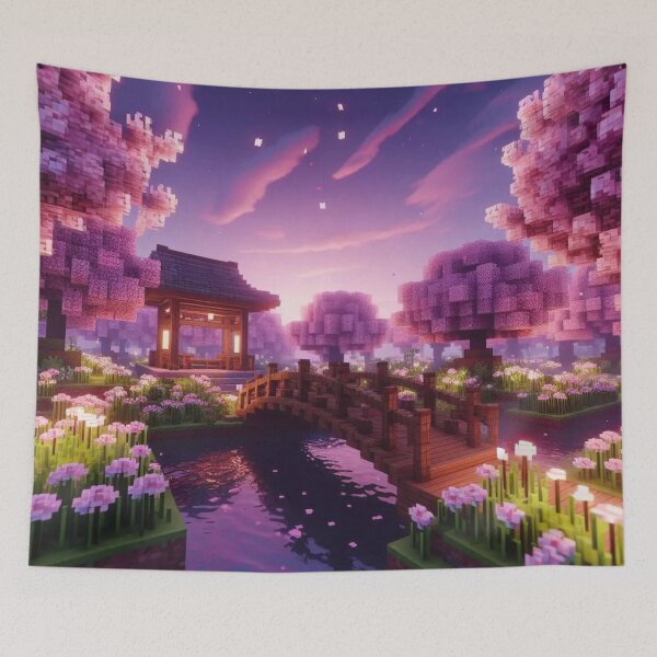 Item preview, Minecraft world, Japanese garden, cherry blossom trees, Japan, gaming, blue sky, pixel art, blocky digital landscape designed and sold by Sugar Wisdom .
