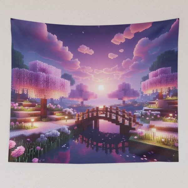 Item preview, Minecraft world, Japanese garden, cherry blossom trees, Japan, gaming, blue sky, pixel art, blocky digital landscape designed and sold by Sugar Wisdom .