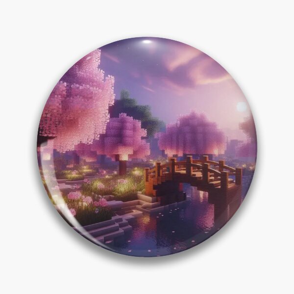Item preview, Minecraft world, Japanese garden, cherry blossom trees, Japan, gaming, blue sky, pixel art, blocky digital landscape designed and sold by Sugar Wisdom .