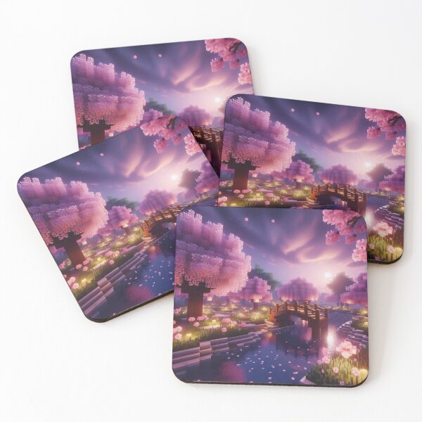 Item preview, Minecraft world, Japanese garden, cherry blossom trees, Japan, gaming, blue sky, pixel art, blocky digital landscape designed and sold by Sugar Wisdom .