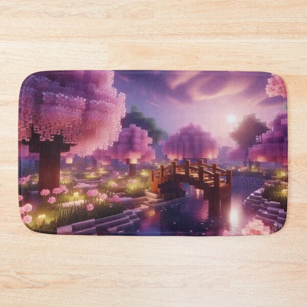 Item preview, Minecraft world, Japanese garden, cherry blossom trees, Japan, gaming, blue sky, pixel art, blocky digital landscape designed and sold by Sugar Wisdom .