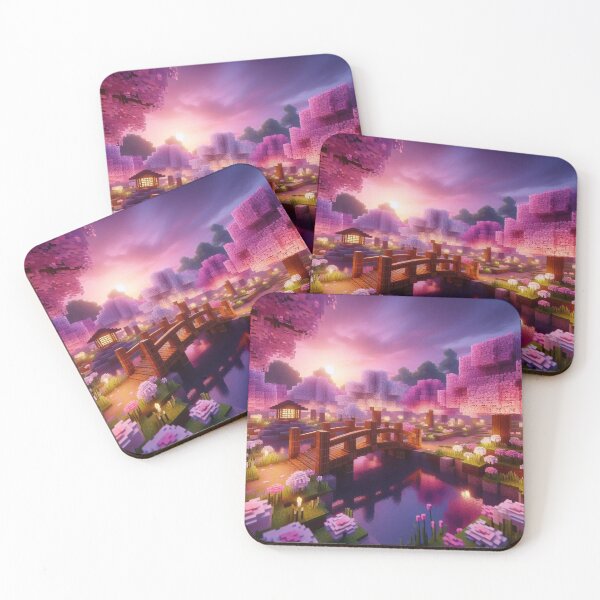 Item preview, Minecraft world, Japanese garden, cherry blossom trees, Japan, gaming, blue sky, pixel art, blocky digital landscape designed and sold by Sugar Wisdom .