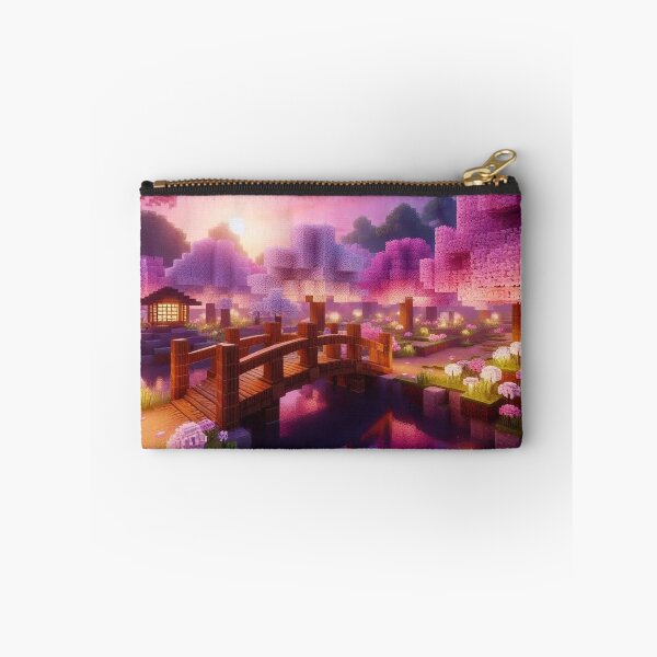 Item preview, Minecraft world, Japanese garden, cherry blossom trees, Japan, gaming, blue sky, pixel art, blocky digital landscape designed and sold by Sugar Wisdom .