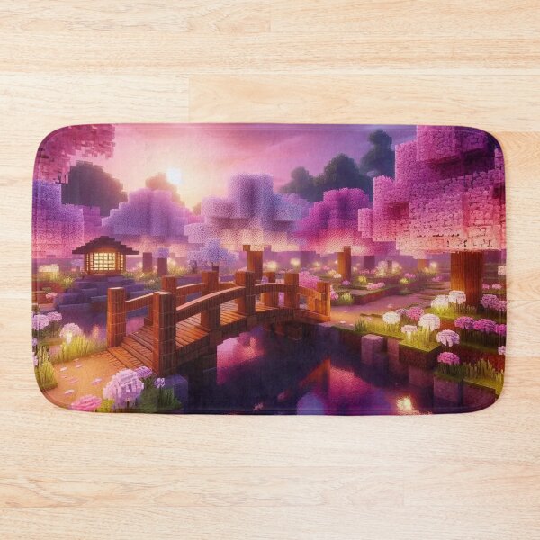 Item preview, Minecraft world, Japanese garden, cherry blossom trees, Japan, gaming, blue sky, pixel art, blocky digital landscape designed and sold by Sugar Wisdom .